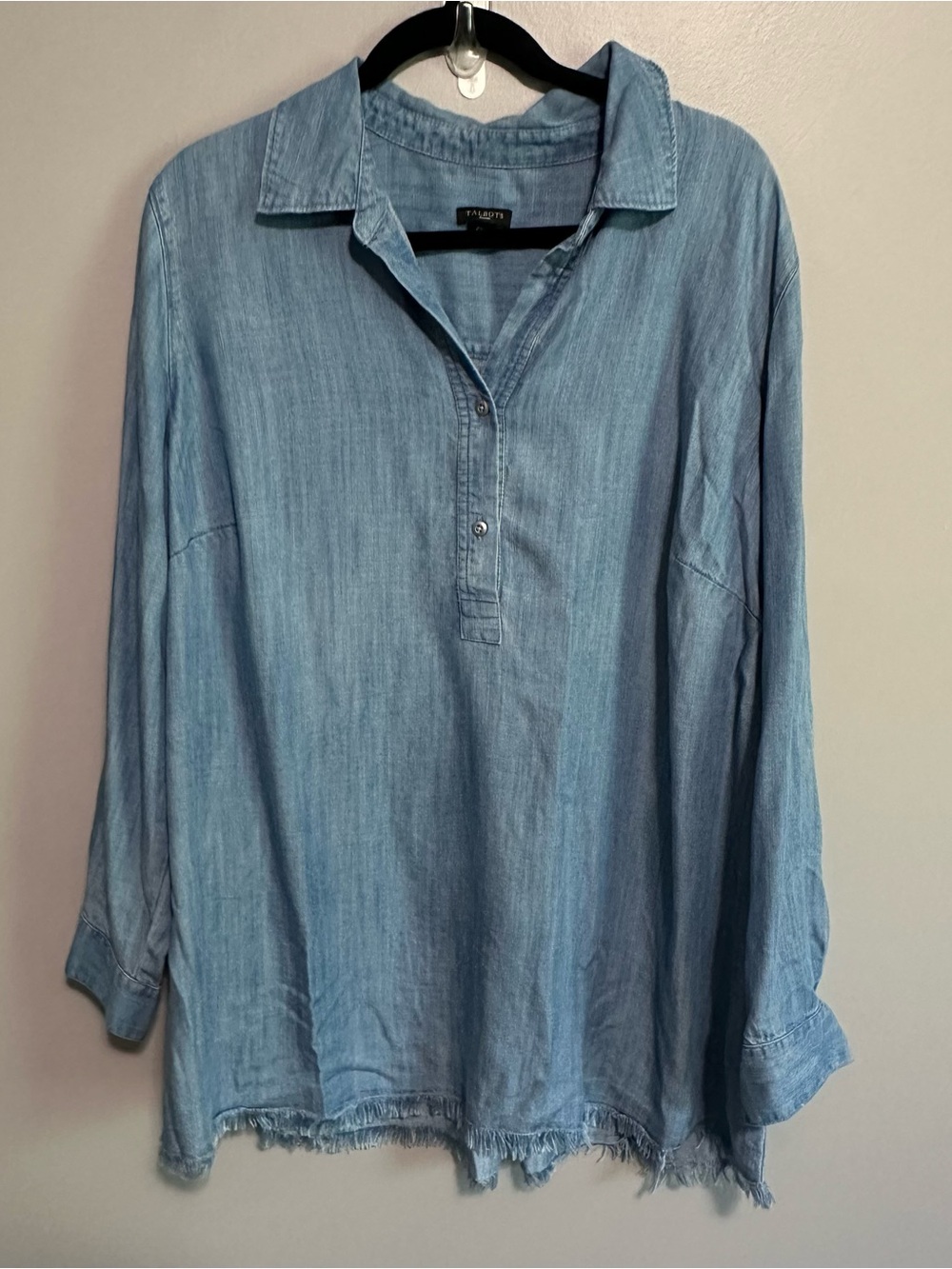 Talbots Woman Chambray Lyocell Frayed Hem Tunic Top 2X Blue